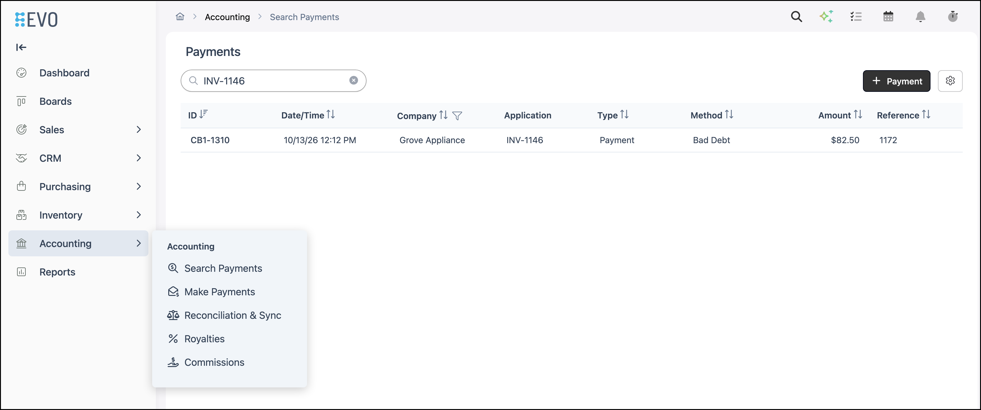 Accounting menu open to Search Payments