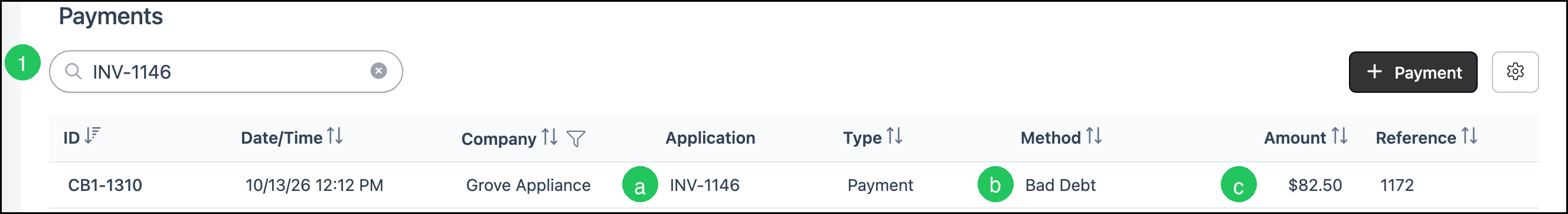 Search Payments row with Method Bad Debt
