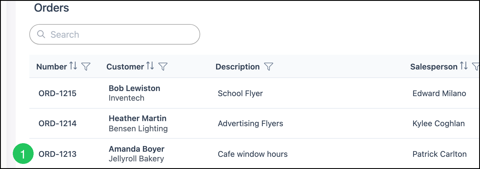 Orders list with badge 1 on the order to open
