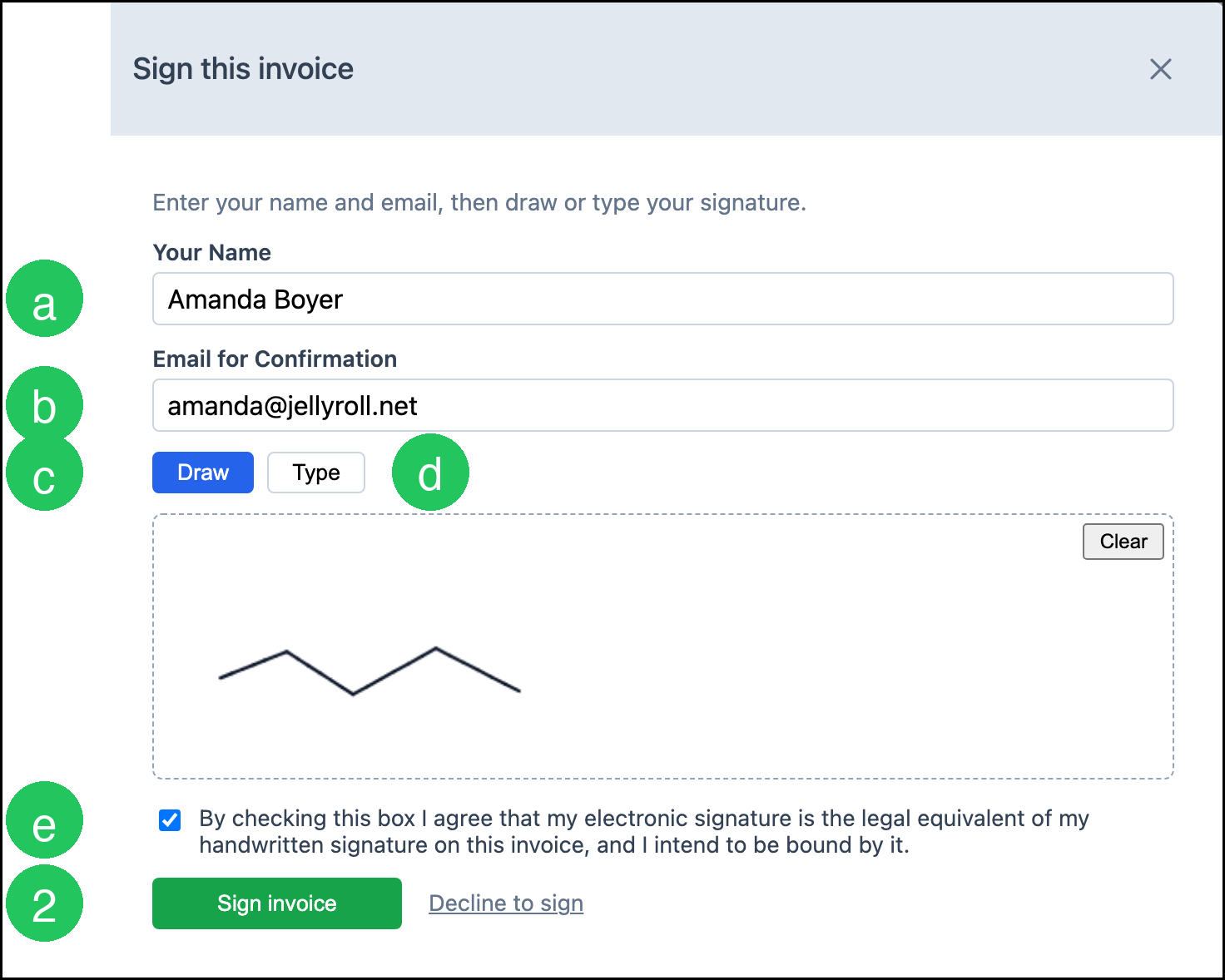 Sign this invoice window with the signature filled in