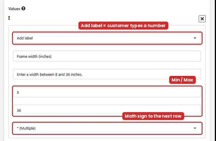 An Add label row with min and max values and the Multiple sign