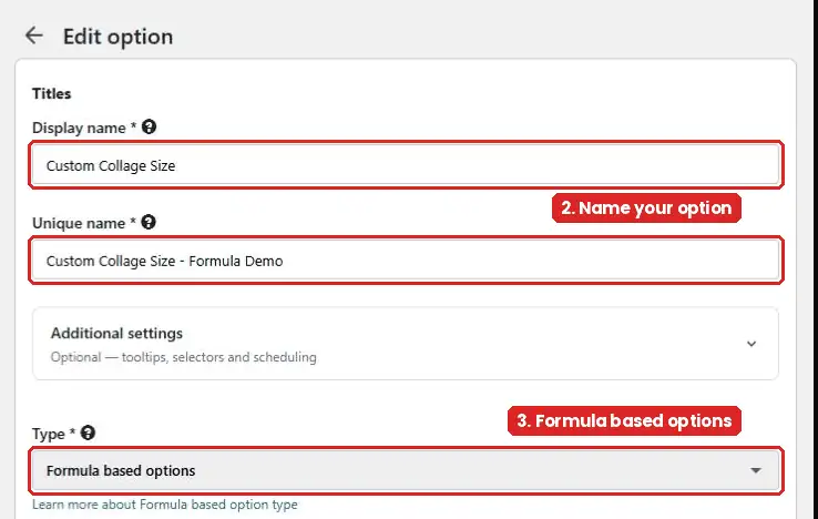 Display name, unique name and Formula based options type
