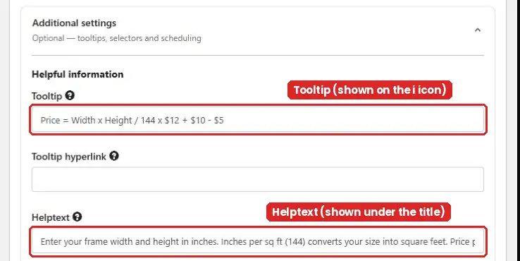 Tooltip and Helptext fields under Additional settings
