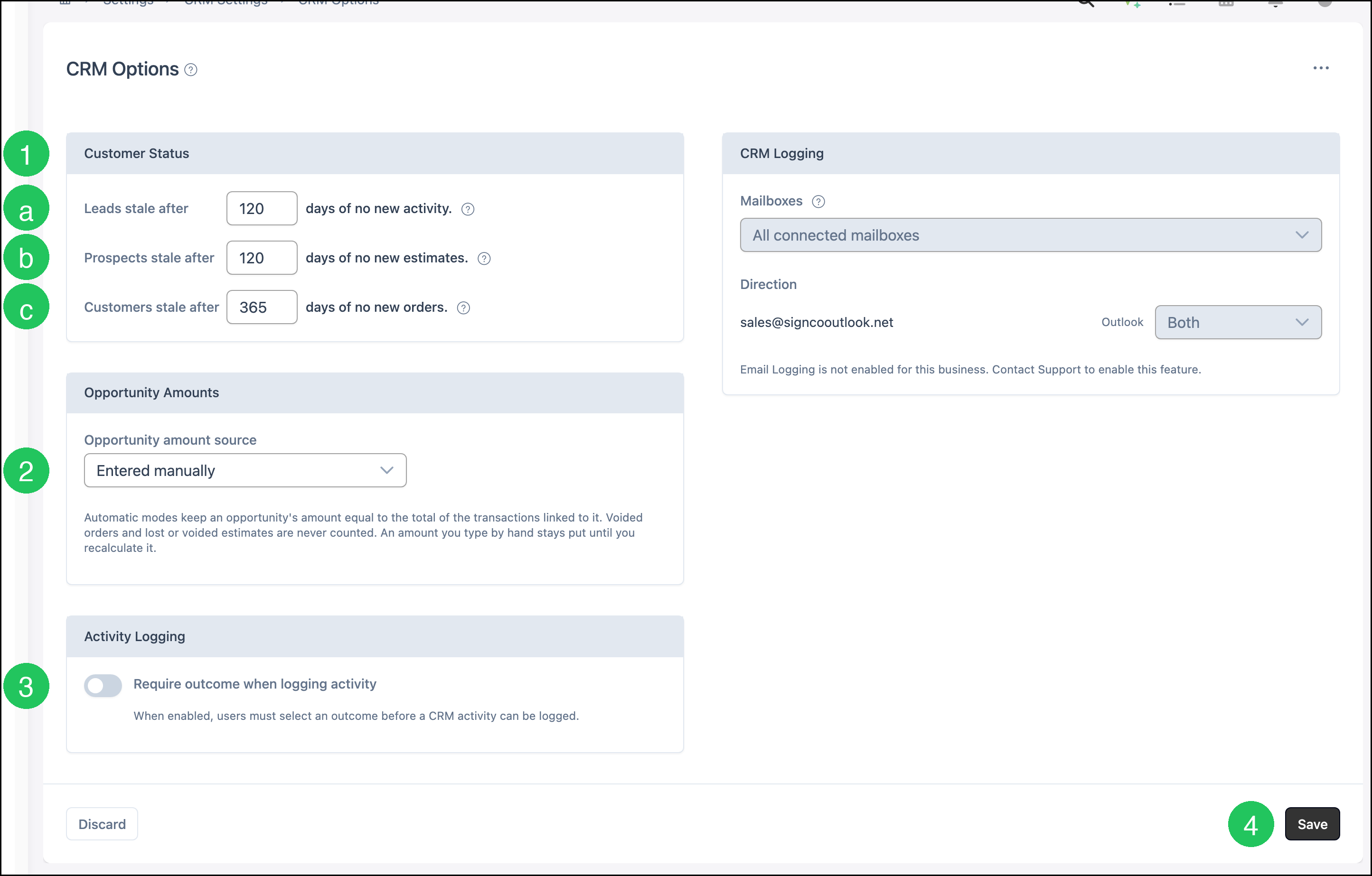 CRM Options screen with badges on Customer Status, the stale day fields, Opportunity amount source, Require outcome when logging activity, and Save