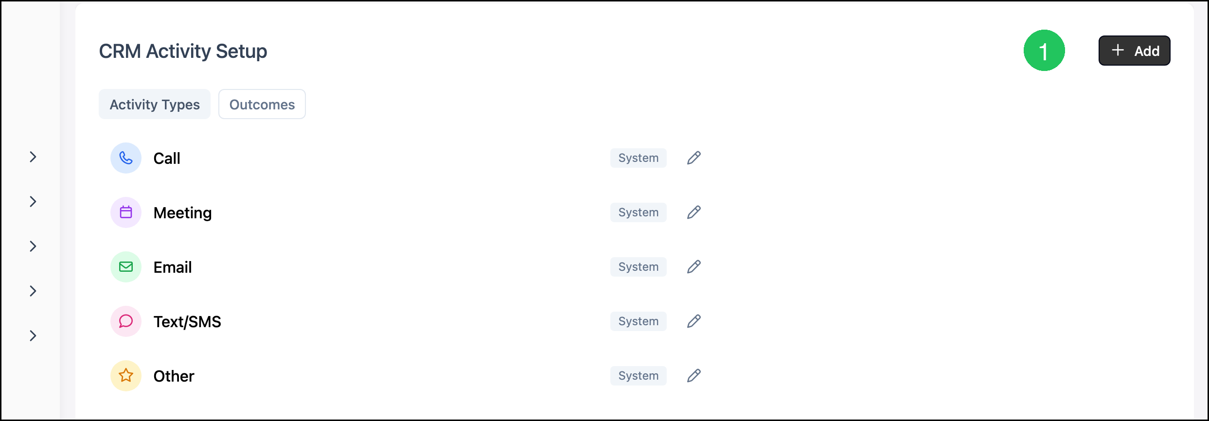 CRM Activity Setup with badge 1 on Add