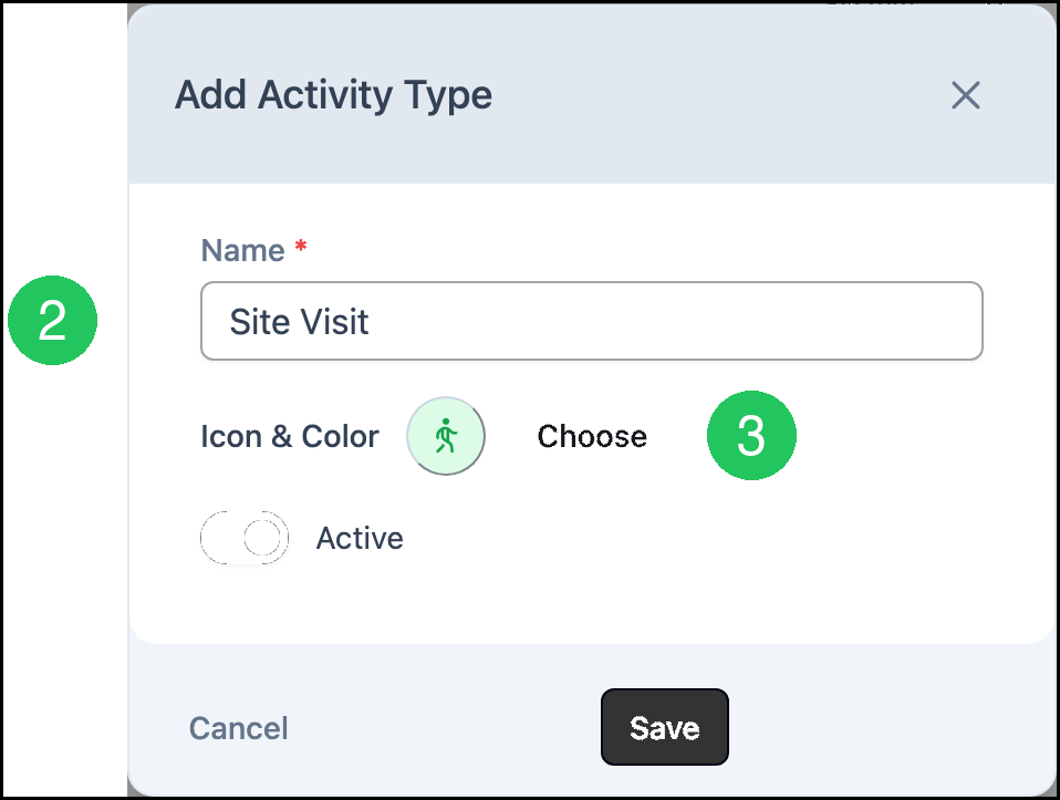 Add Activity Type dialog with badge 2 on Name and badge 3 on Choose