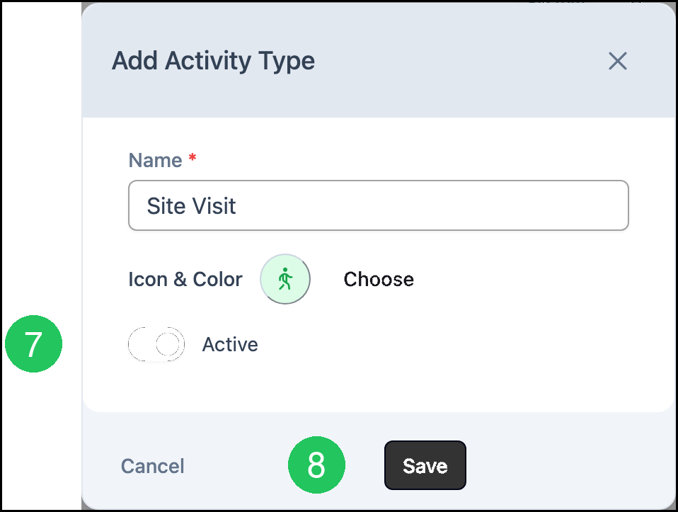 Add Activity Type dialog with badge 7 on Active and badge 8 on Save