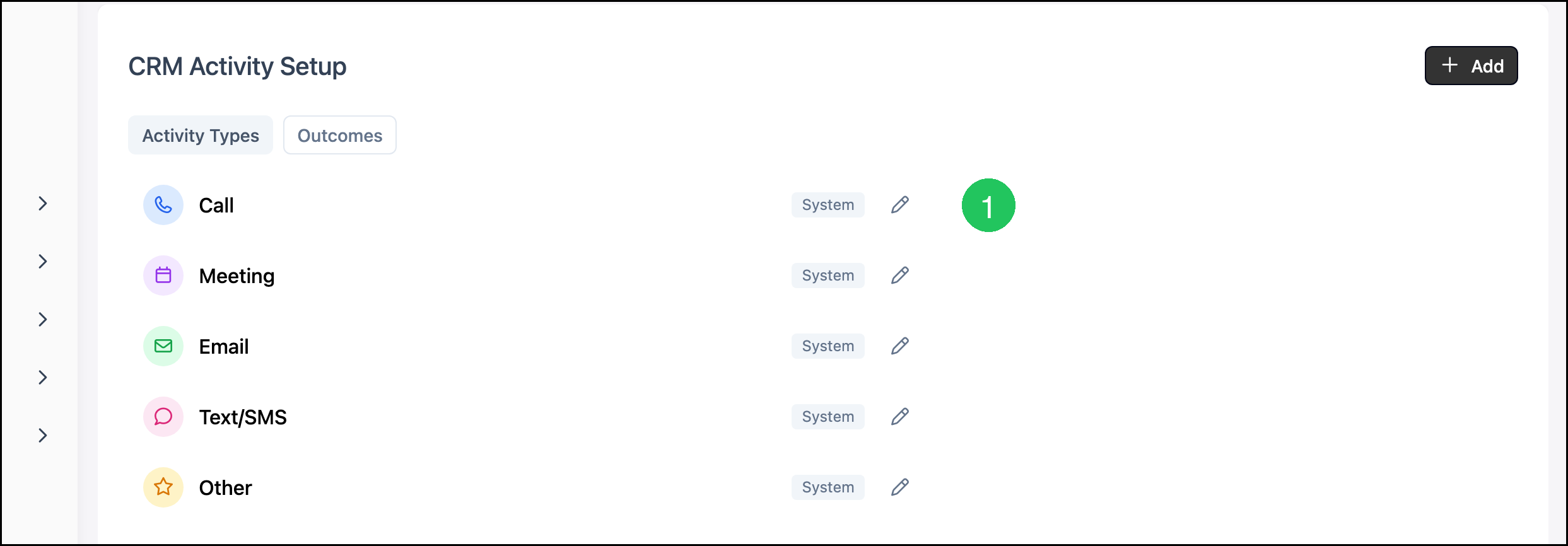 Activity Types list with badge 1 on Edit