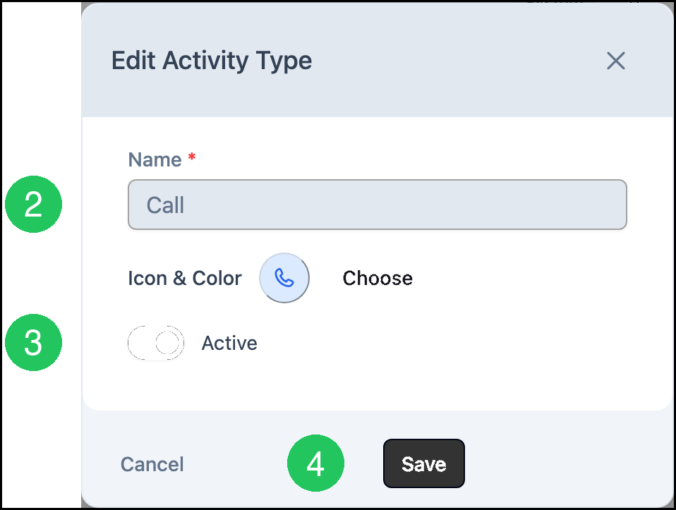 Edit Activity Type dialog with badges on Name, Active, and Save