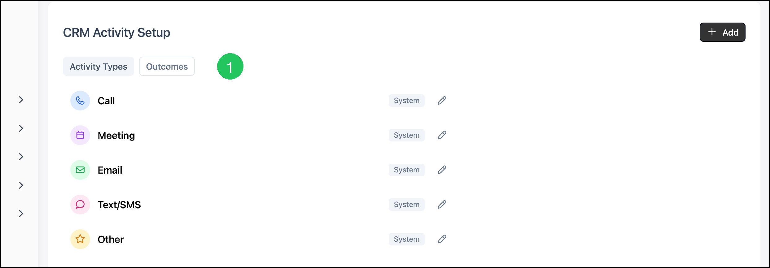 Activity Types tab with badge 1 on Outcomes