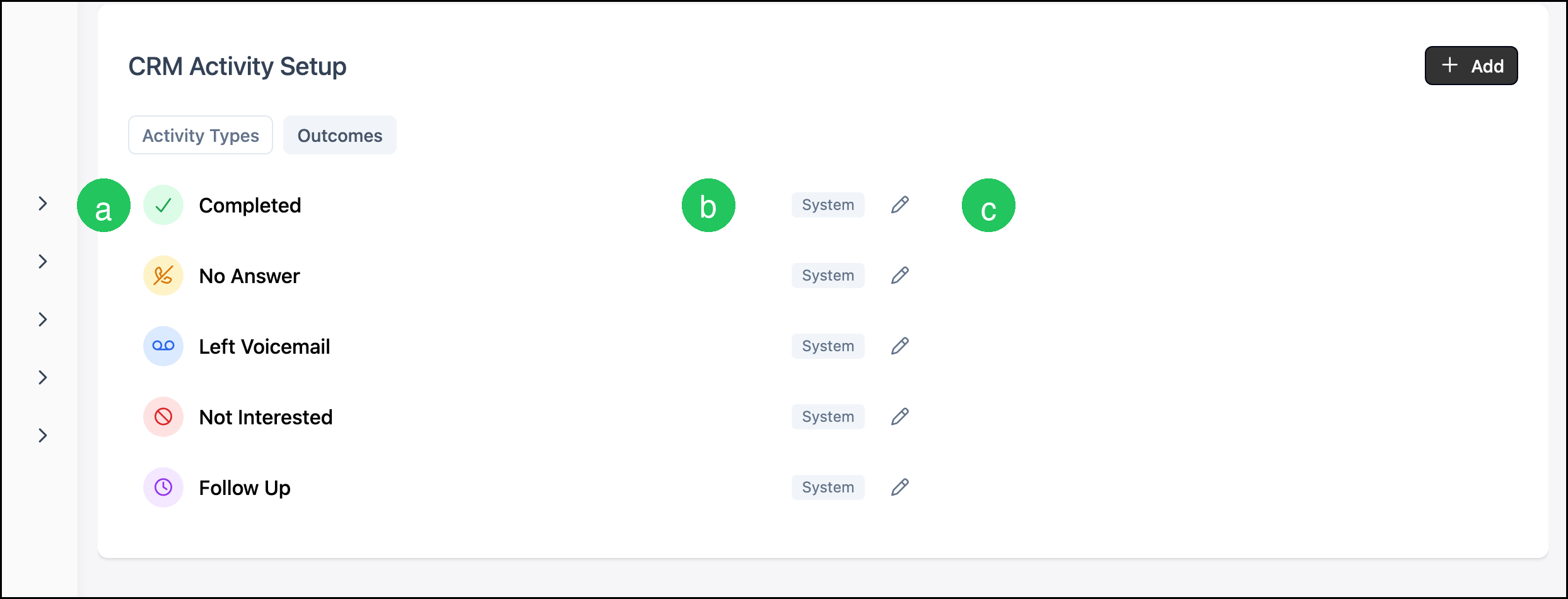Outcomes list with badges on the icon, System, and Edit