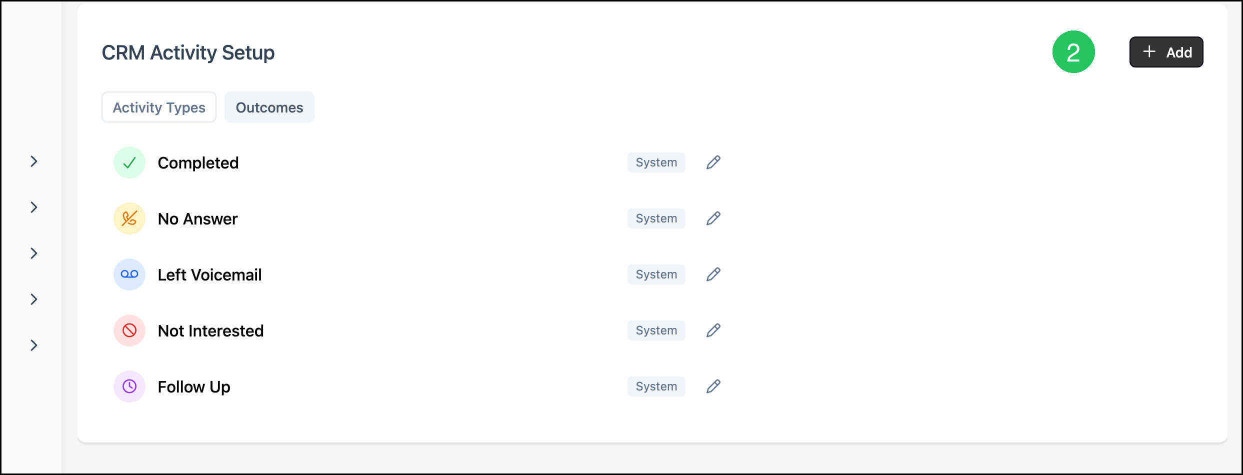 Outcomes list with badge 2 on Add