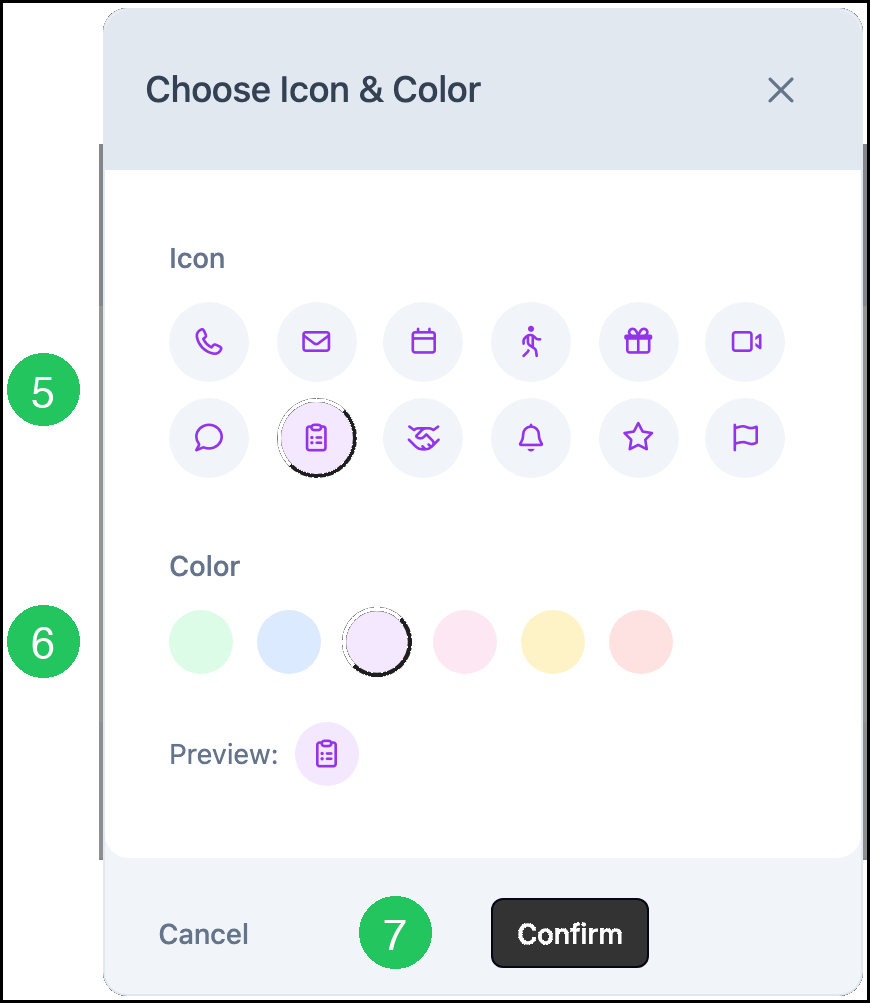 Choose Icon and Color for an outcome, with badges on the icons, the colors, and Confirm