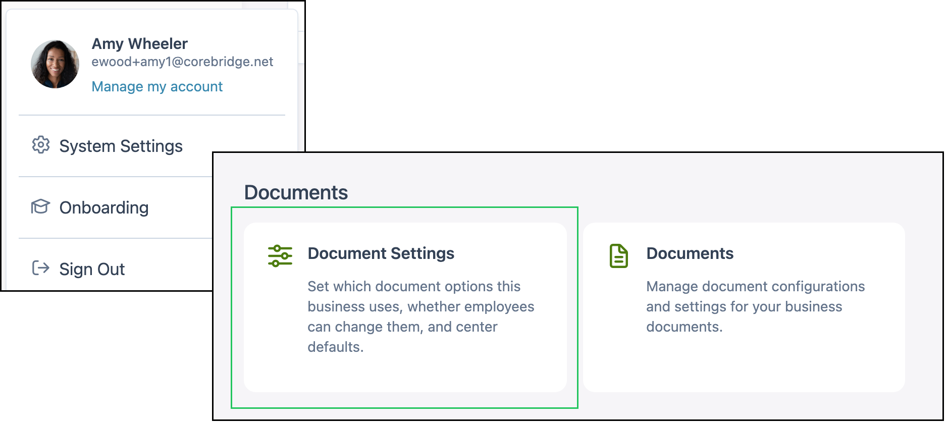 Account menu and Documents, with a green rectangle on Document Settings