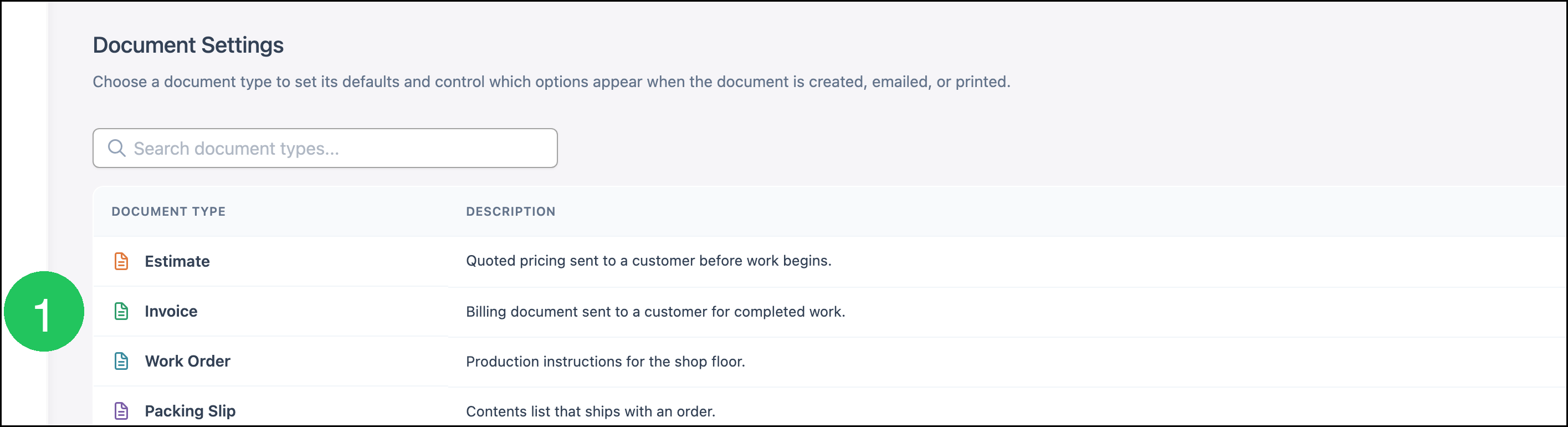 Document Settings list with badge 1 on Invoice