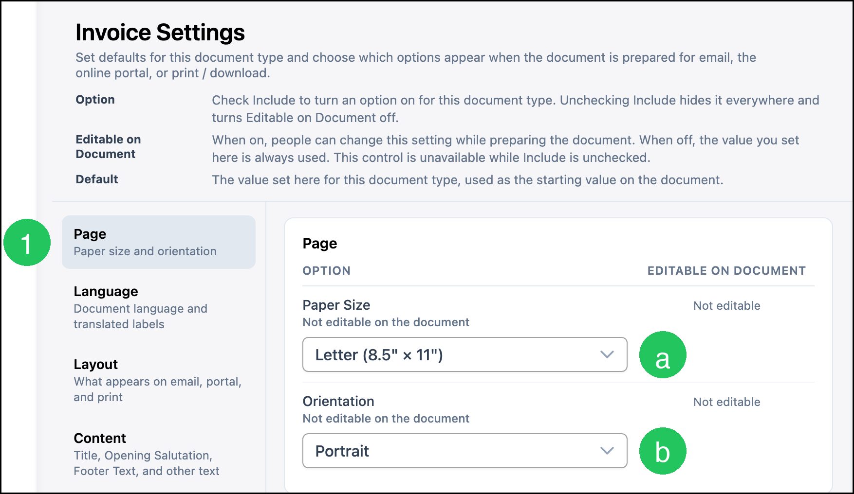 Invoice Settings Page with badge 1 on Page, a on Paper Size, and b on Orientation