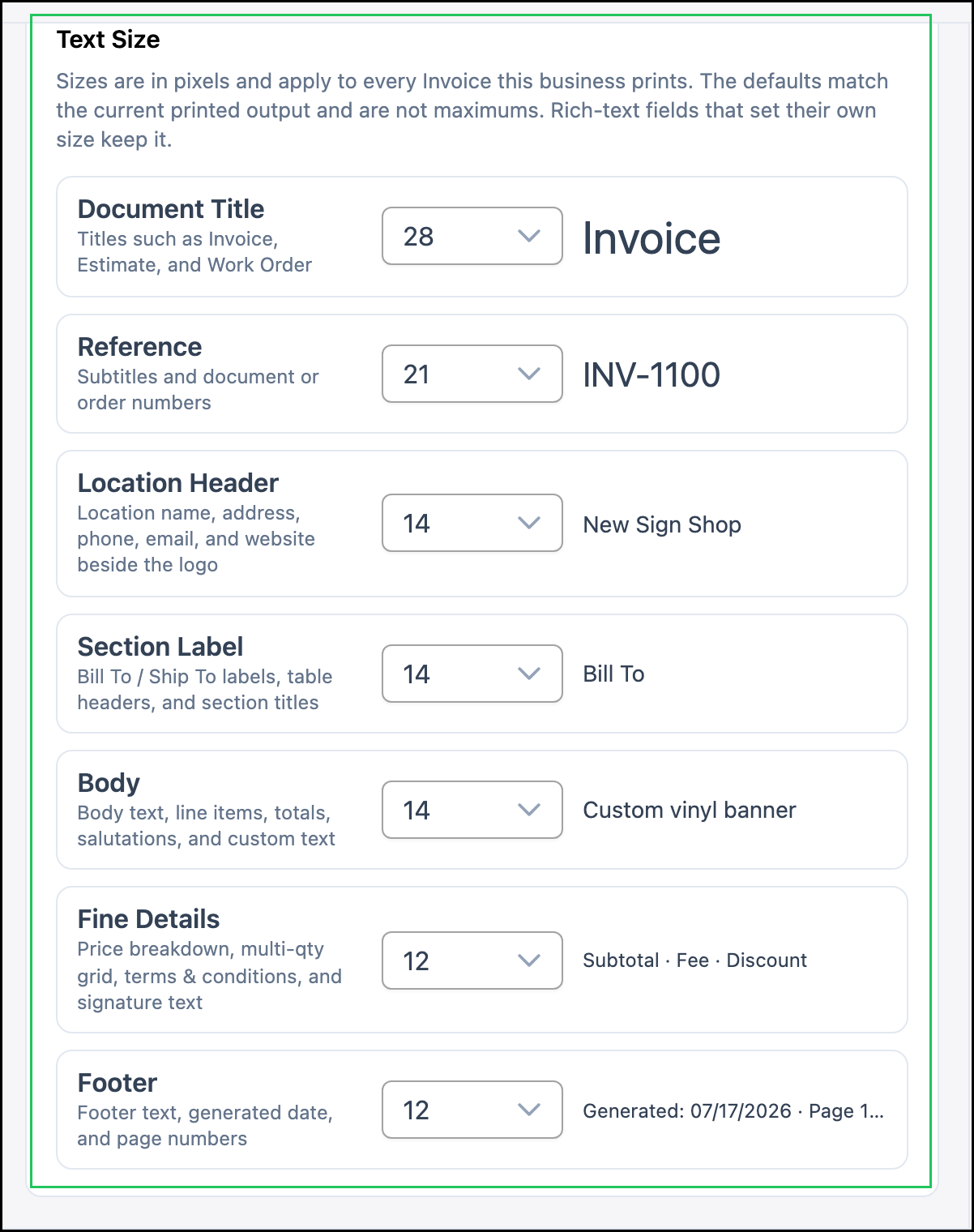 Text Size options for an Invoice
