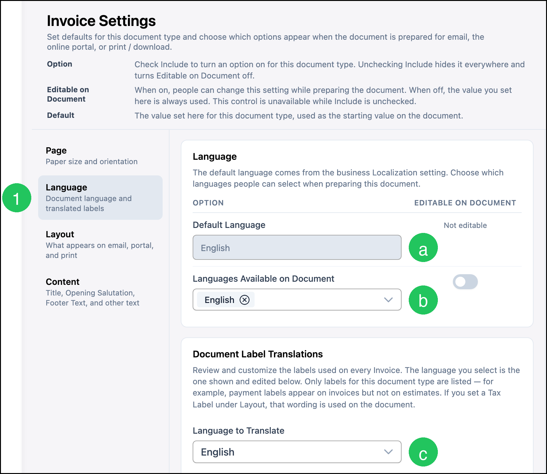 Language settings with badges on Language, Default Language, Languages Available on Document, and Language to Translate