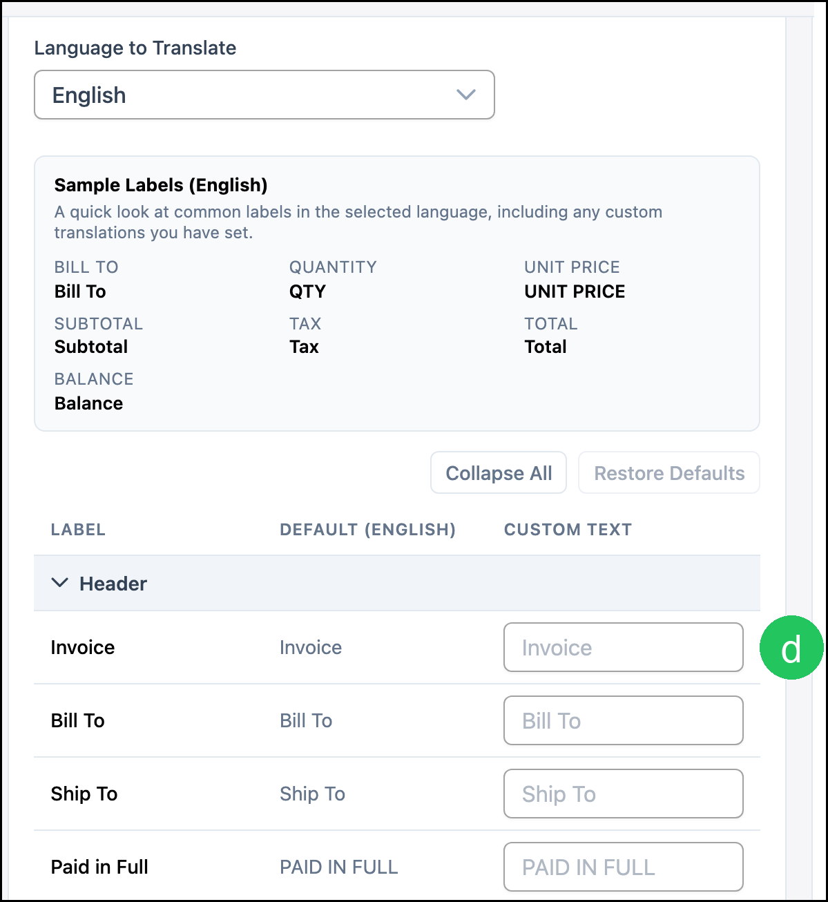 Document Label Translations with badge d on Custom Text for Invoice