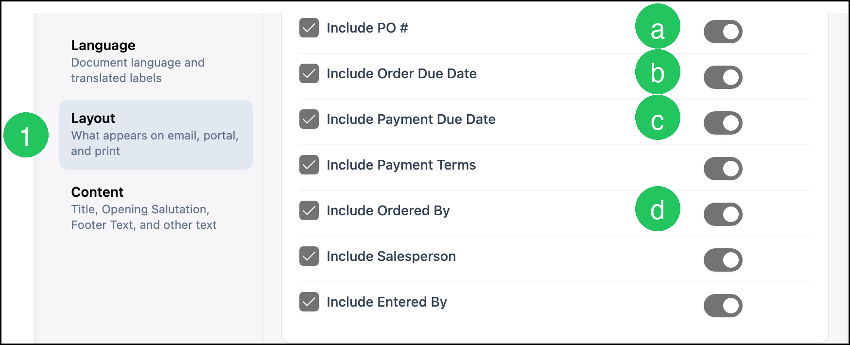 Layout options with badges on Layout, Include PO #, Include Order Due Date, Include Payment Due Date, and Include Ordered By