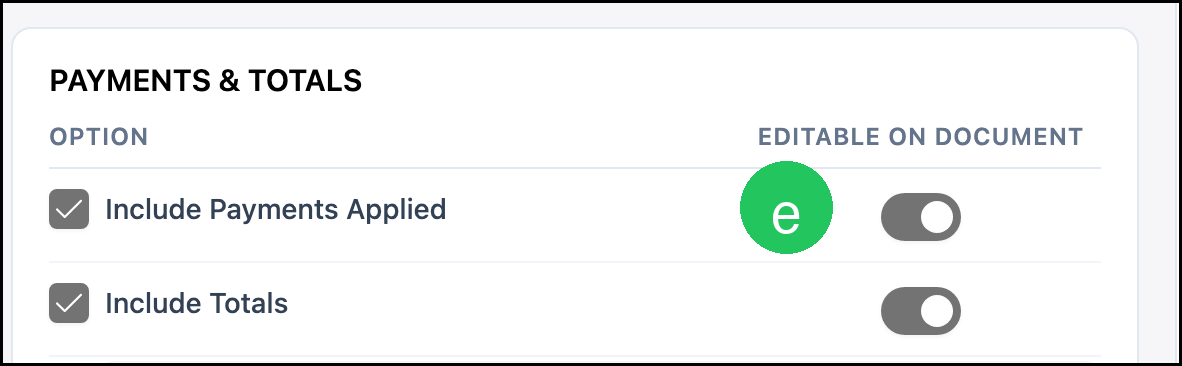 Payments and Totals with badge e on Include Payments Applied