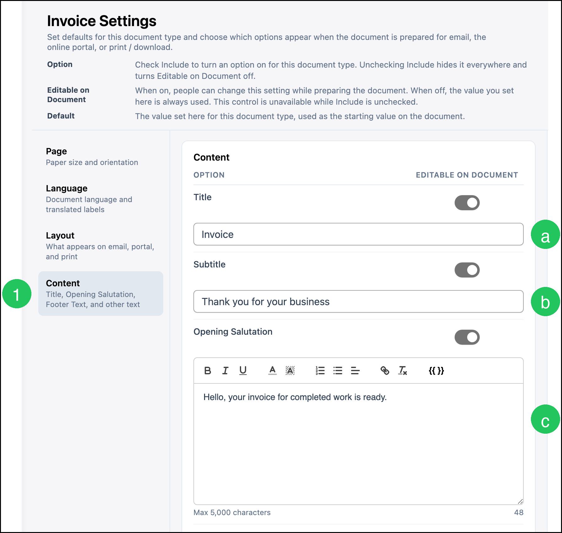 Content fields with badges on Content, Title, Subtitle, and Opening Salutation