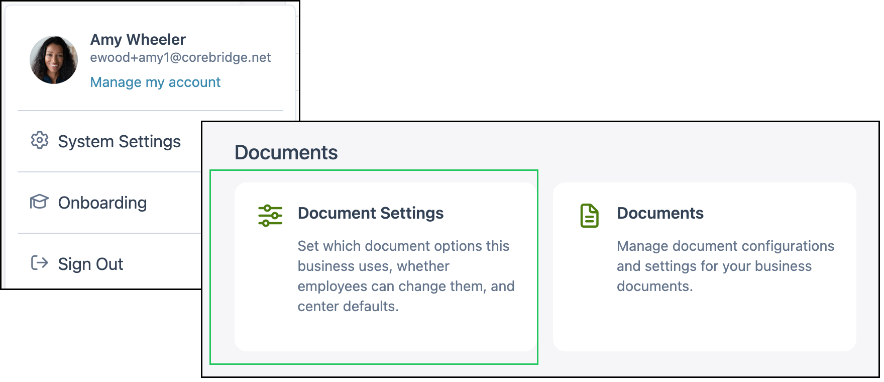 Account menu and Documents, with a green rectangle on Document Settings