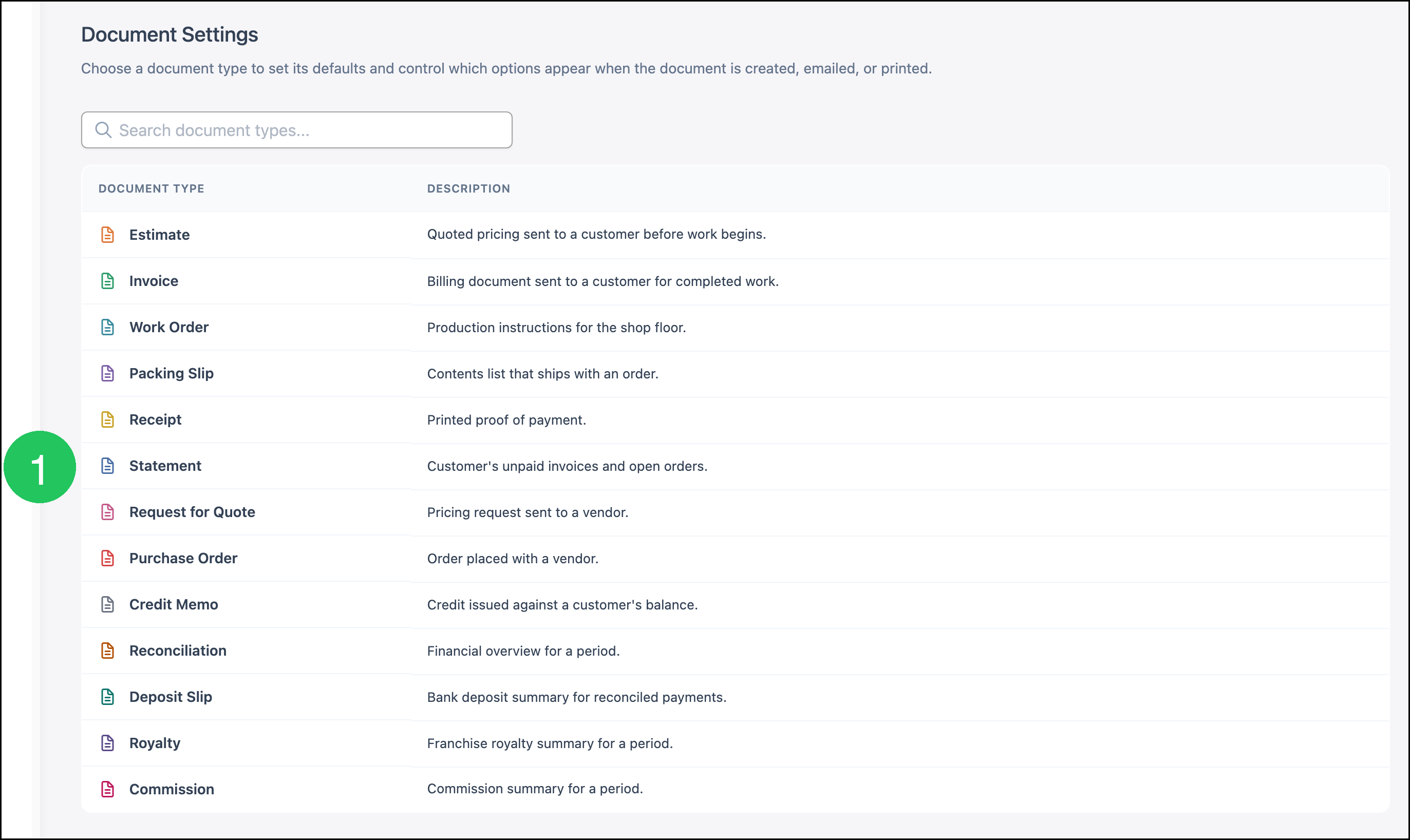 Document Settings list with badge 1 on Statement
