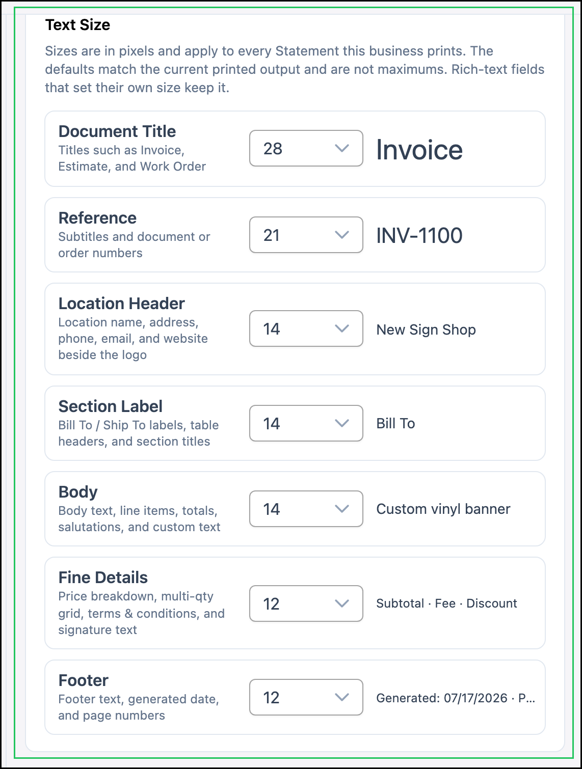 Text Size options for a Statement