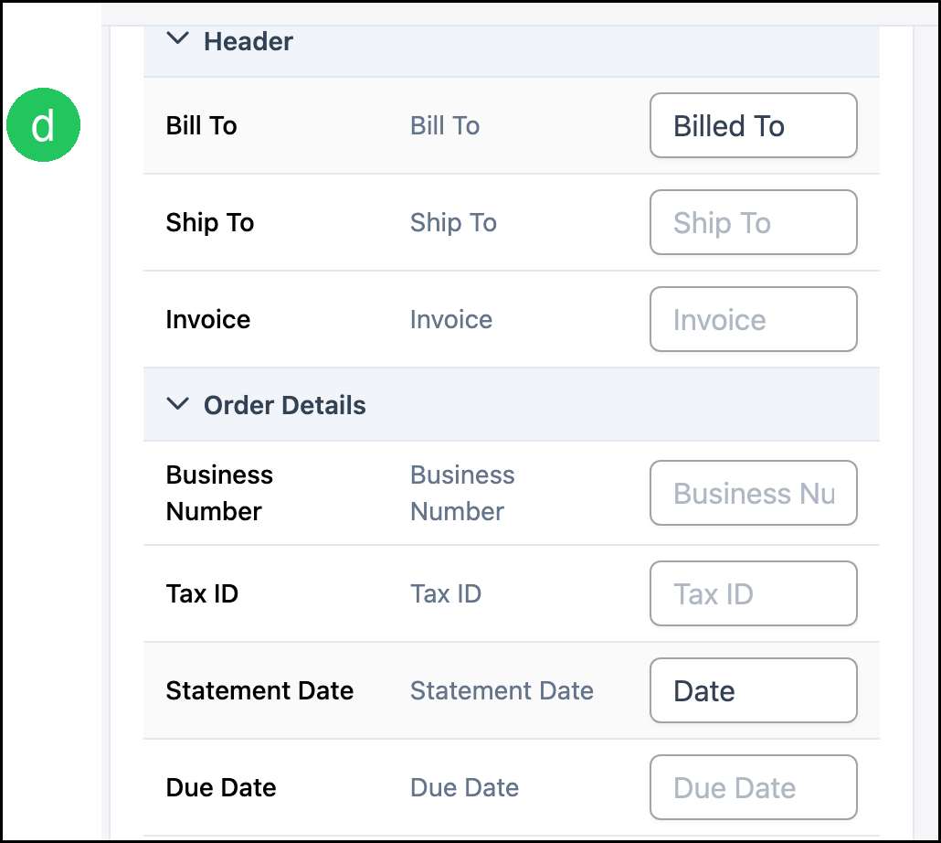 Document Label Translations with badge d on the Bill To row