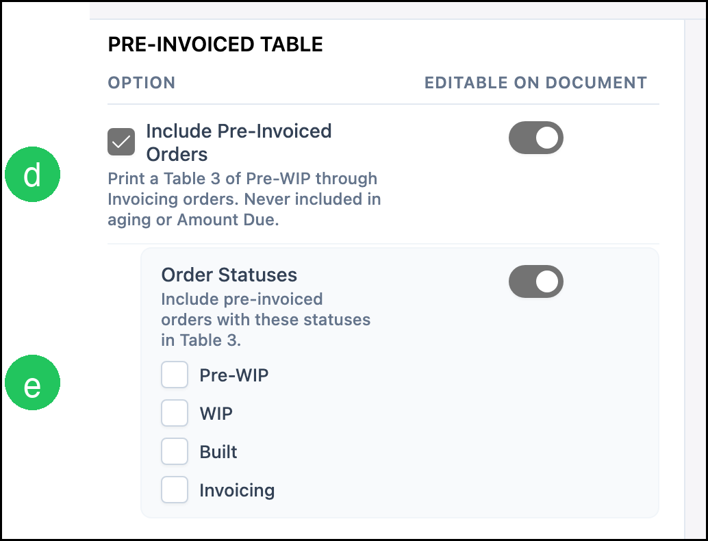 Pre-Invoiced Table with badges on Include Pre-Invoiced Orders and Order Statuses