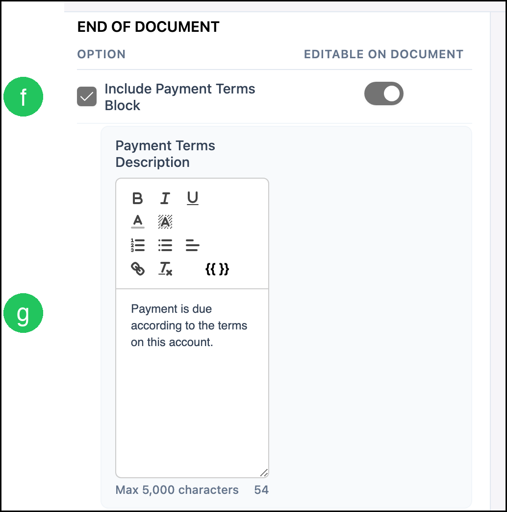 End of document with badges on Include Payment Terms Block and Payment Terms Description