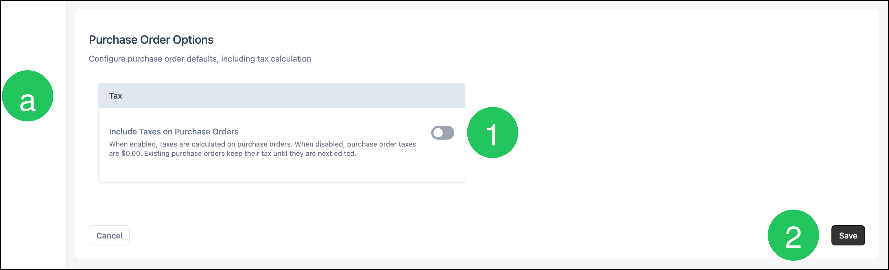 Purchase Order Options with badges on Tax, Include Taxes on Purchase Orders, and Save