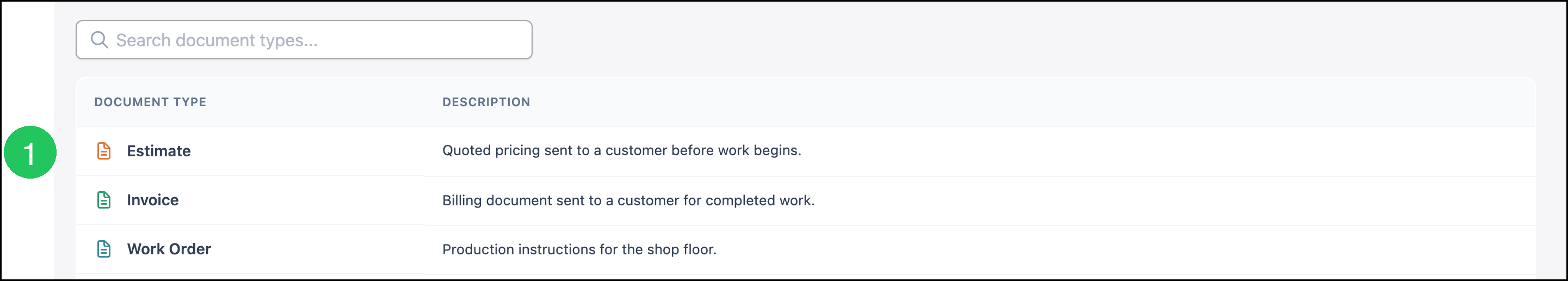 Document Settings list with badge 1 on Estimate