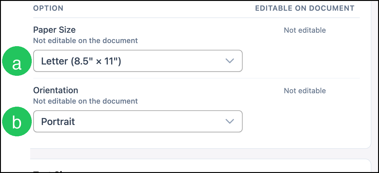 Page defaults with letter badges on Paper Size and Orientation