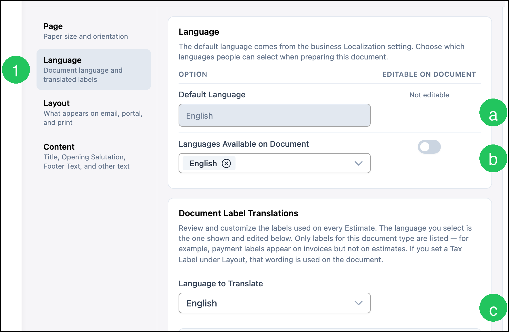 Language defaults with badge 1 on Language and letter badges on the language fields