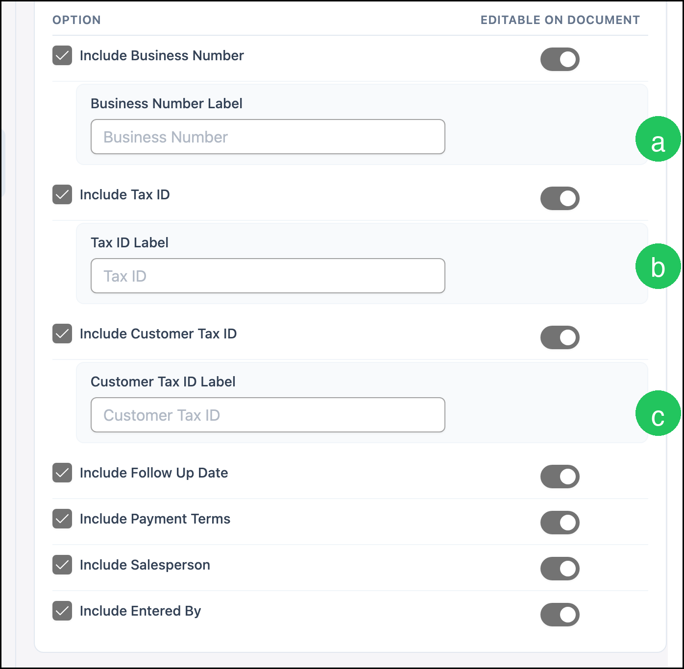 Header defaults with letter badges on the blank label fields