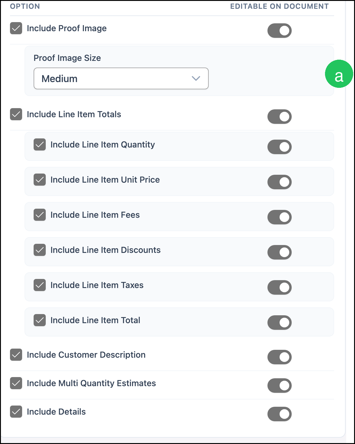 Line Item defaults with letter badge a on Proof Image Size