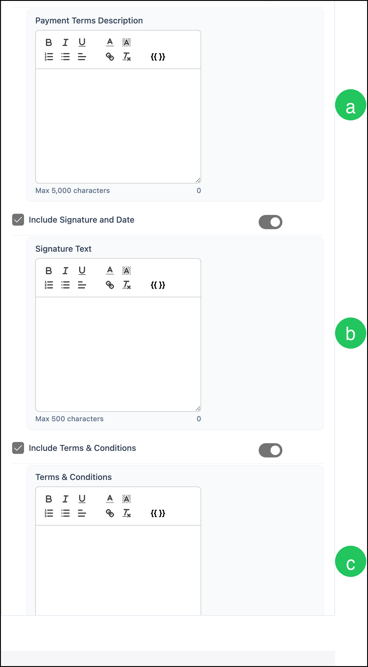 End of Document defaults with letter badges on the blank text fields