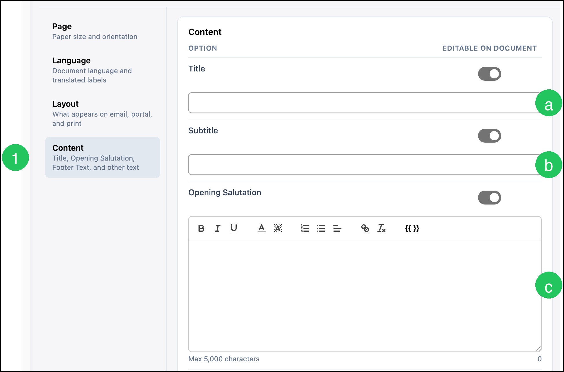 Content defaults with badge 1 on Content and letter badges on Title, Subtitle, and Opening Salutation