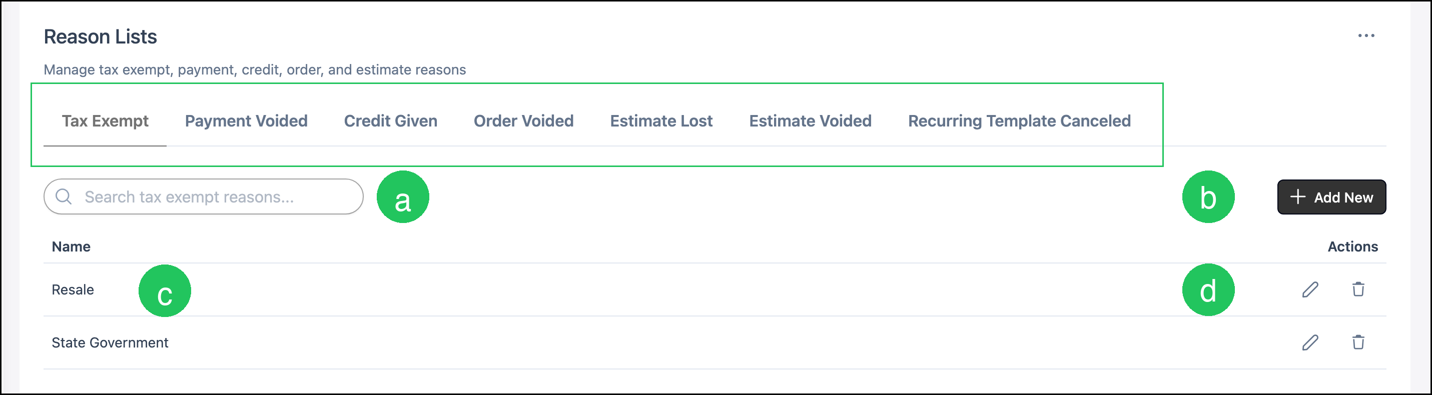 Reason Lists screen with the tabs, Search, Add New, Name, and Edit marked