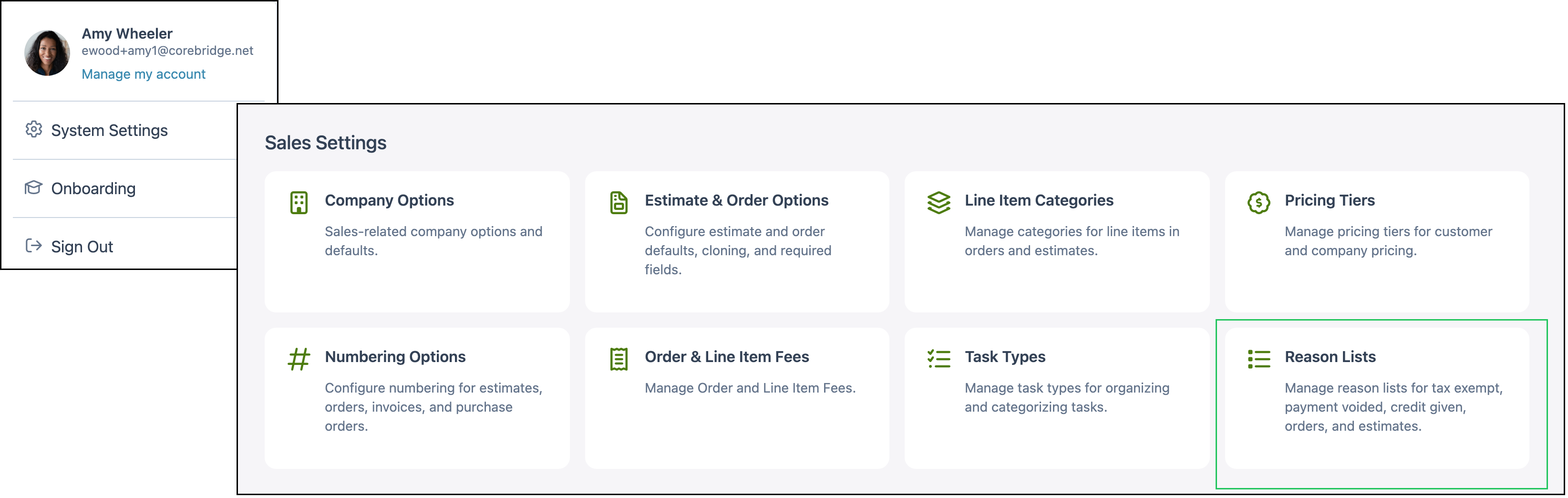 System Settings open to Sales Settings with Reason Lists highlighted