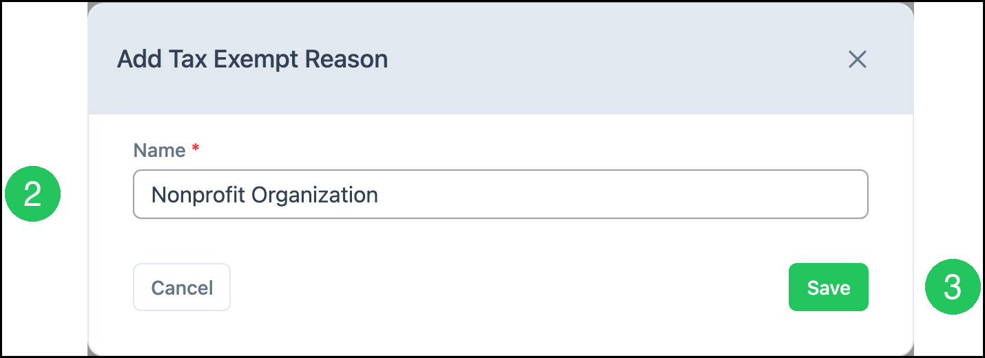 Add Tax Exempt Reason dialog with Name filled and Save ready