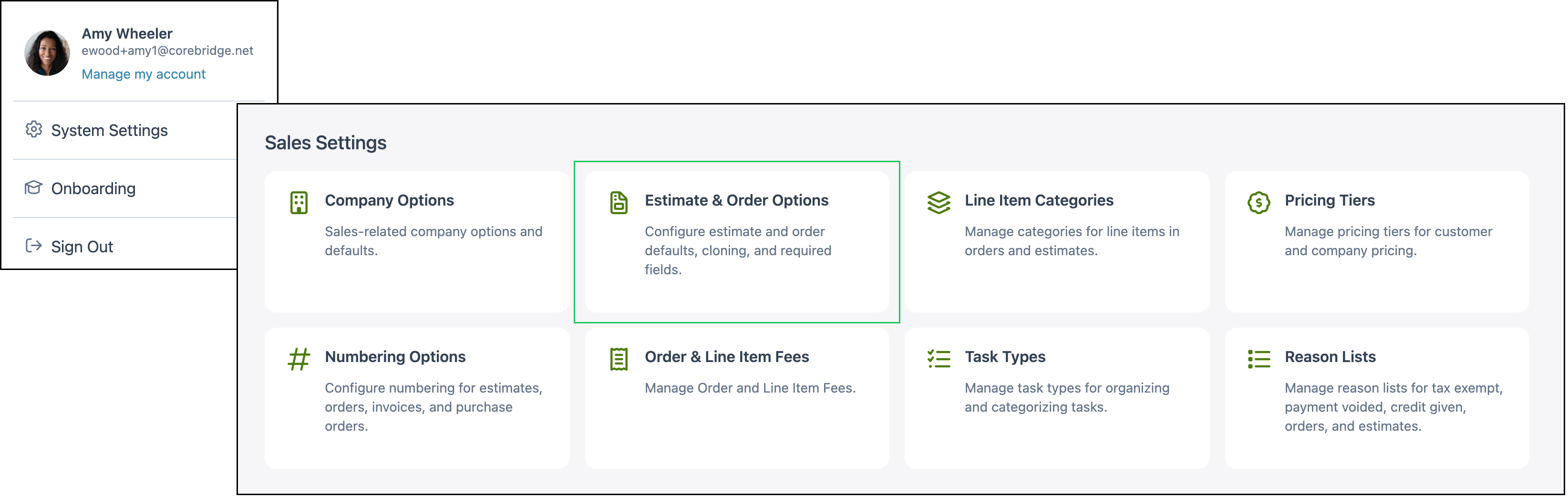 System Settings open to Sales Settings with Estimate and Order Options highlighted