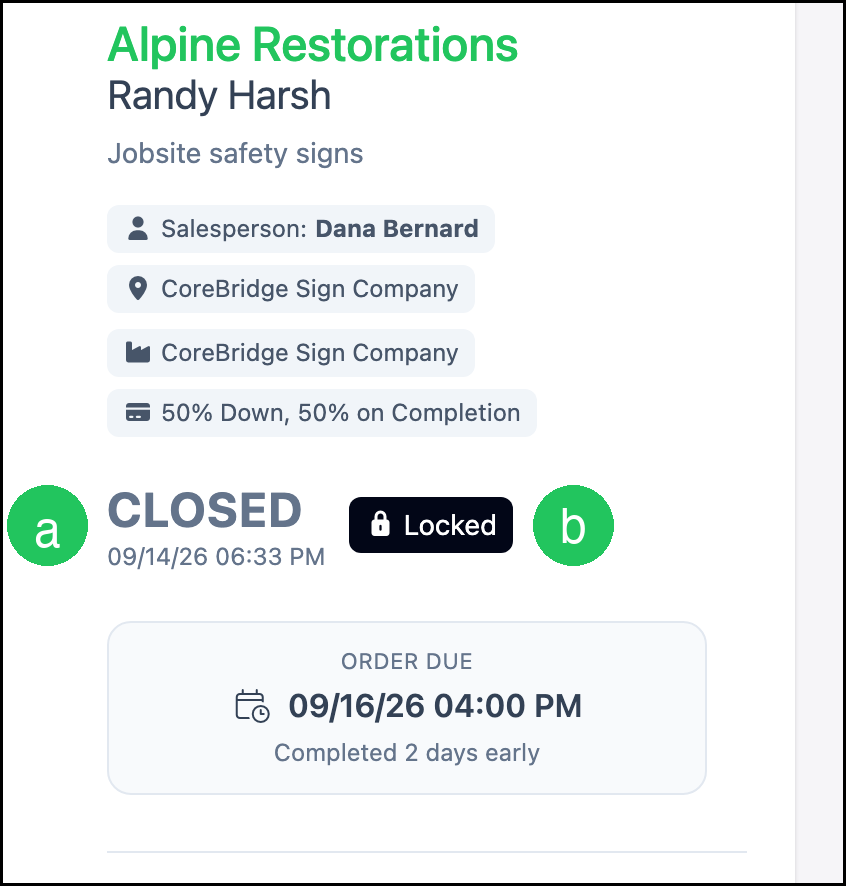 Closed order with the Closed name and Locked marked