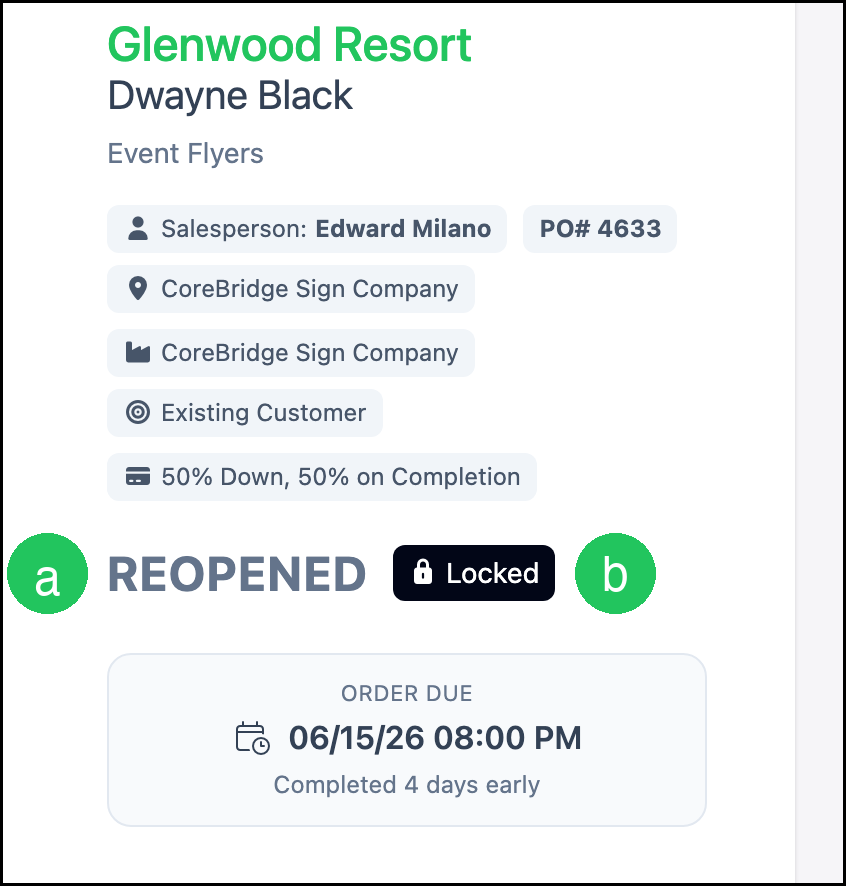 Reopened order with Reopened and Locked marked