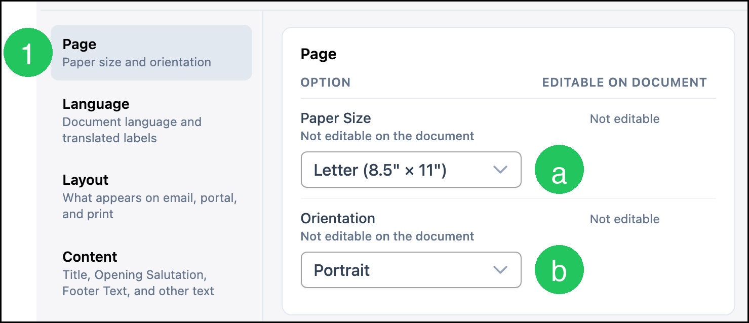 Page settings with badge 1 on Page, a on Paper Size, and b on Orientation