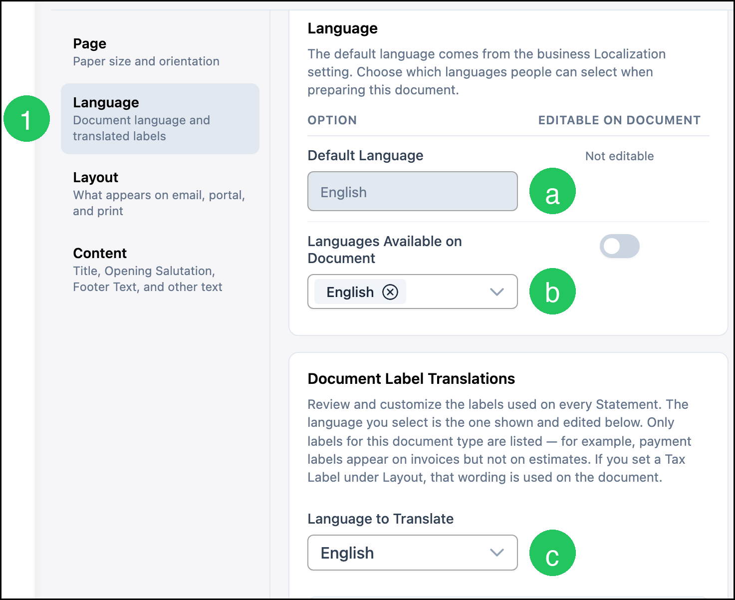 Language settings with badge 1 on Language, a on Default Language, b on Languages Available on Document, and c on Language to Translate