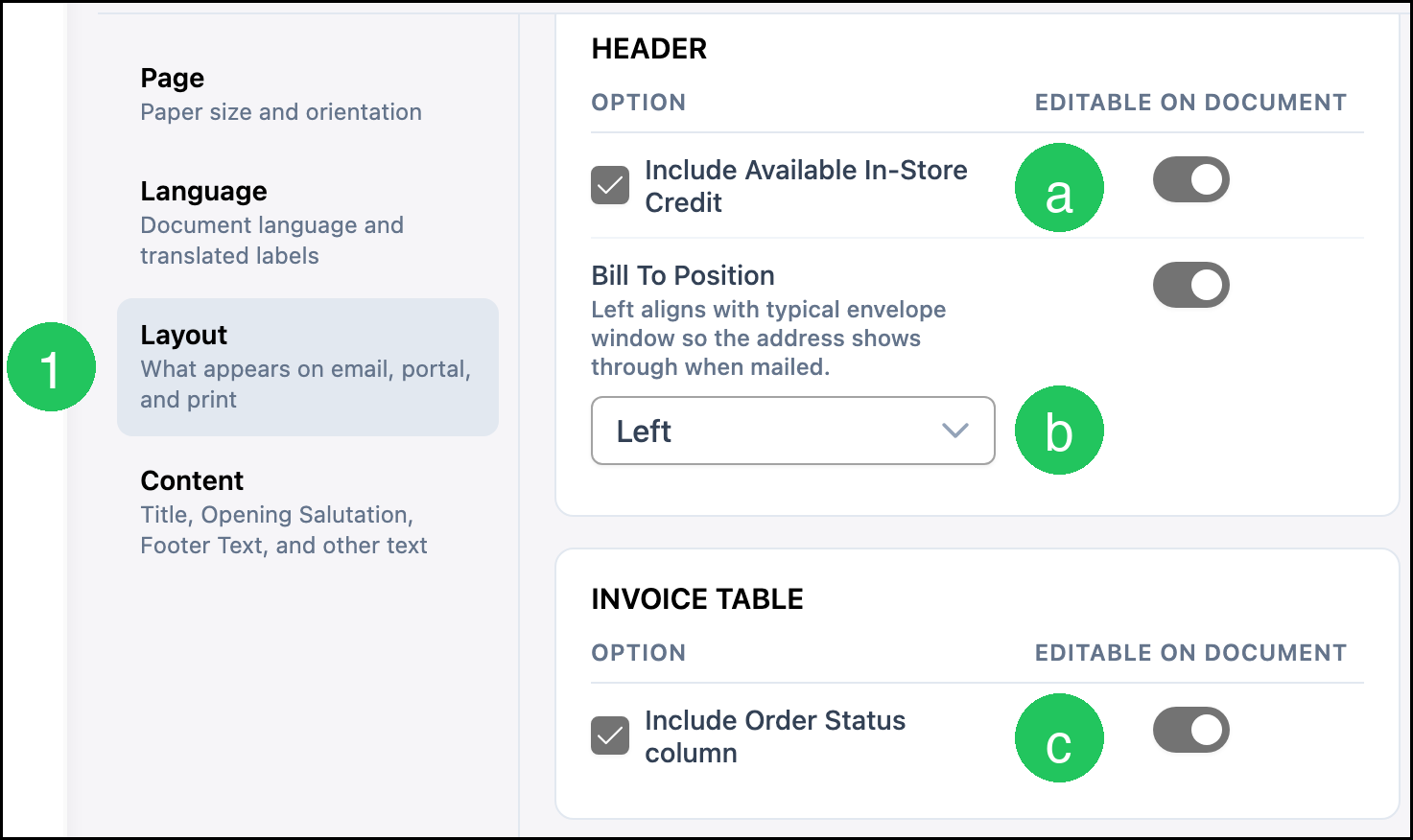 Layout settings with badge 1 on Layout, a on Include Available In-Store Credit, b on Bill To Position, and c on Include Order Status column