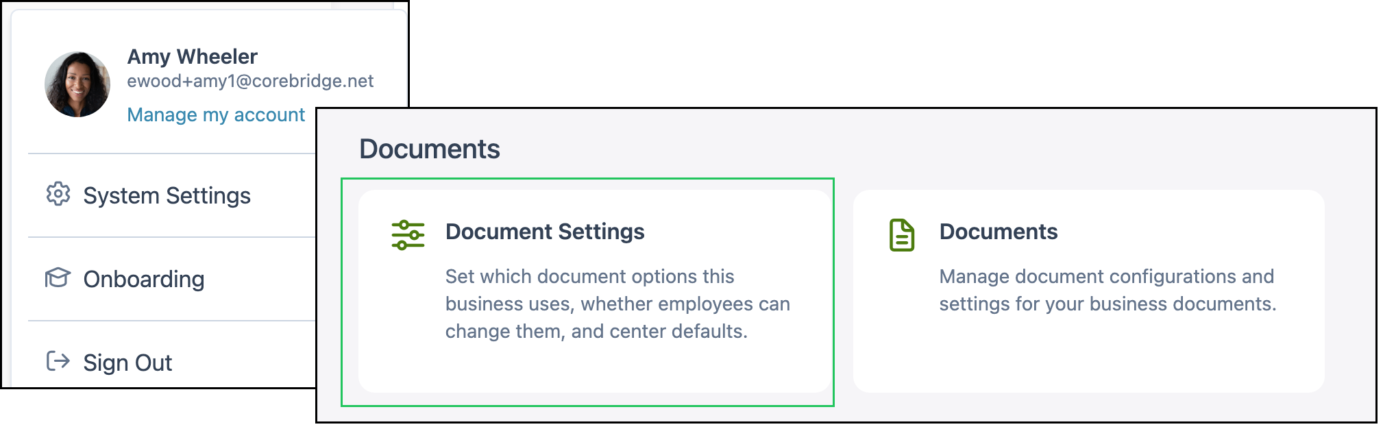 Account menu and Documents, with a green rectangle on Document Settings